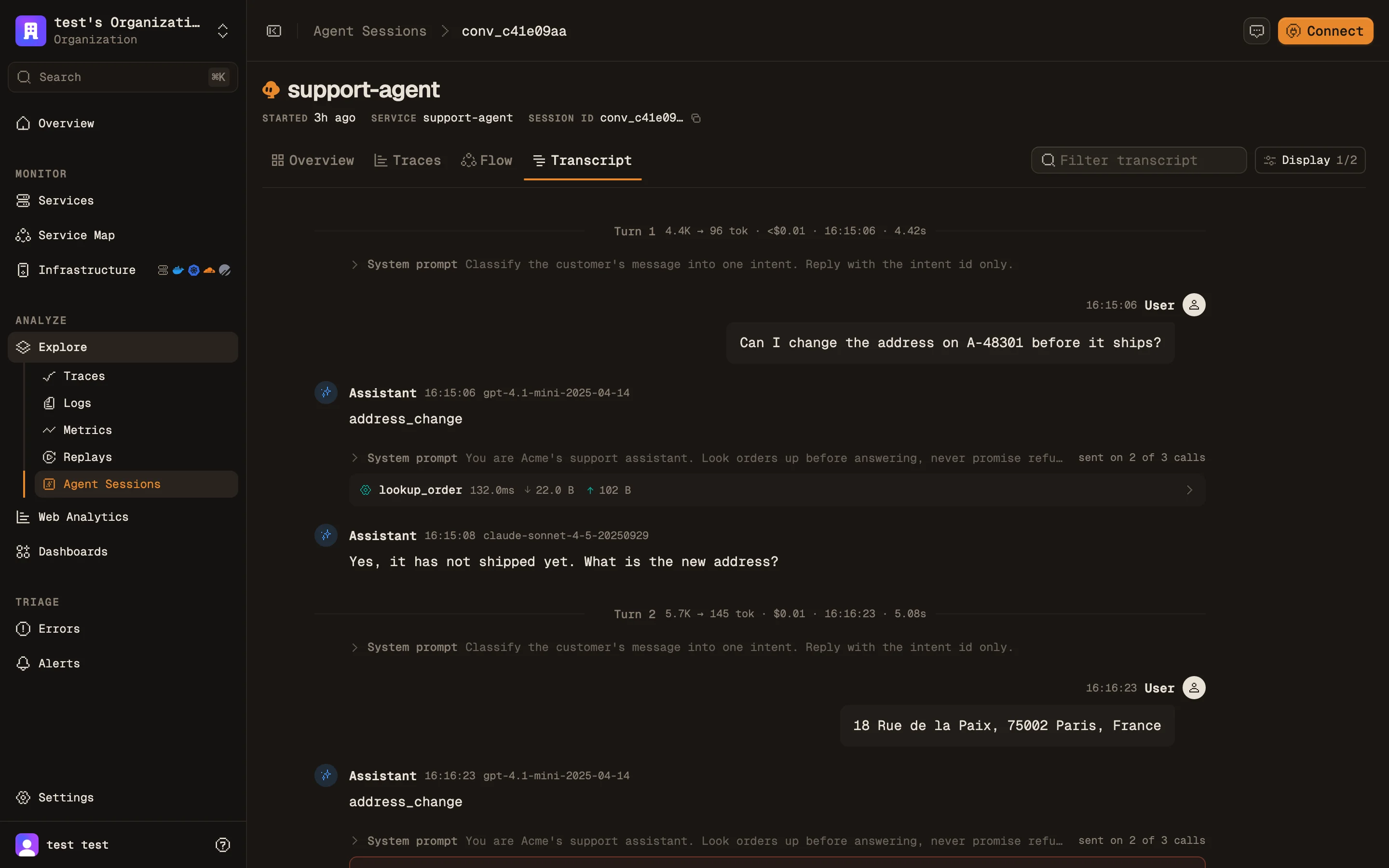 The transcript view of a session: turns headed by their tokens, cost, start time and duration, system prompts, user and assistant messages in sequence with each reply labeled by its model, and a tool call row with its latency and payload sizes.